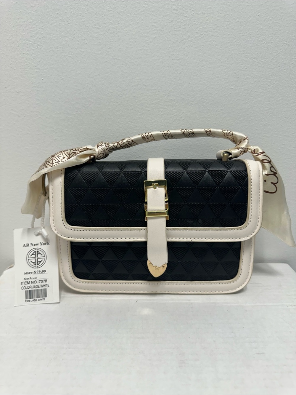 AR New York Black White Purse Gold Hardware Scarf Accent Detachable Strap NWT
